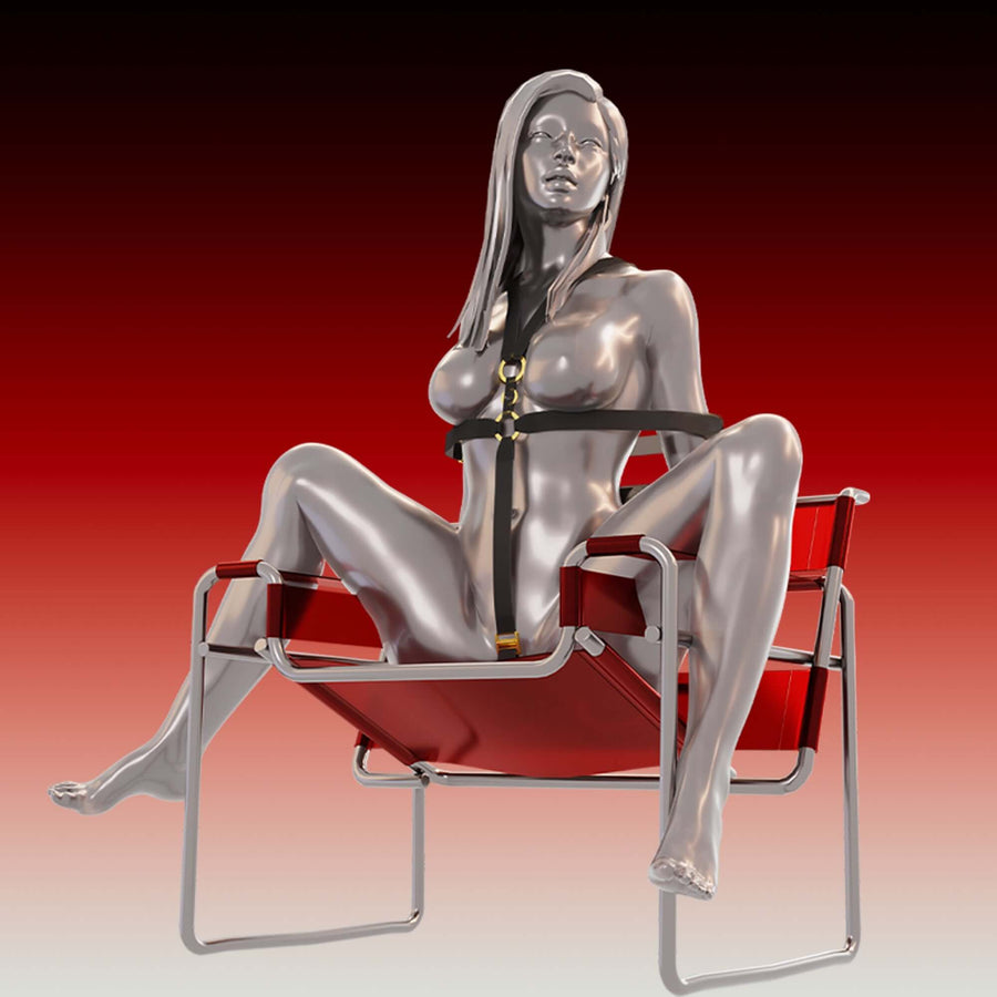 3D model of a silver figure seated on a red chair, showcasing BDSM-inspired Takate Kote bondage technique.