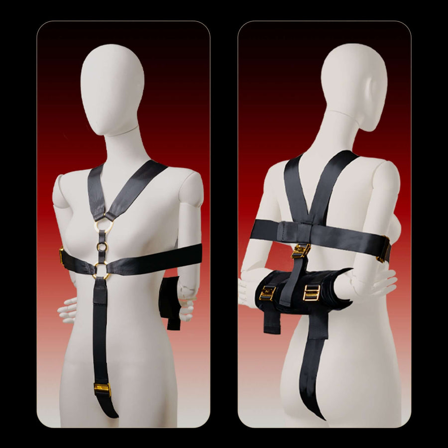 UPKO Simplified Takate Kote Set on a mannequin, showcasing adjustable black straps for BDSM bondage.