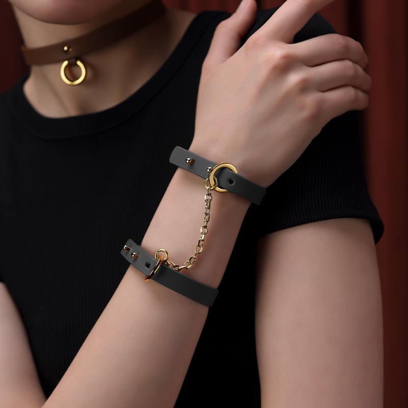Luxury Italian Leather Thin Handcuff Bracelets - Black